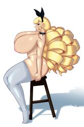 Rule 34 | 1girl, armorv1, ass, big hair, black ribbon, blonde hair, breasts, chair, drill hair, eyeshadow, female focus, hair ribbon, highres, huge breasts, makeup, nipples, nude, profile, ribbon, shadow, sideboob, sitting, solo, thick thighs, thighhighs, thighs, white background, white thighhighs