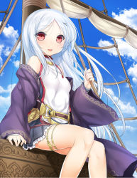 Rule 34 | 1girl, 47agdragon, bare shoulders, belt, blue hair, blue skirt, blue sky, blush, cloud, cloudy sky, day, feet out of frame, hair ornament, jewelry, knees together feet apart, legband, long hair, looking at viewer, mast, necklace, off shoulder, outdoors, parted lips, red eyes, sail, ship, sitting, skirt, sky, smile, solo, tensei kyuuketsuki san wa ohirune ga shitai, very long hair, vest, watercraft, white vest, x hair ornament