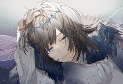 Rule 34 | 1boy, blue eyes, crown, fate/grand order, fate (series), gradient background, insect wings, light particles, male focus, messy hair, oberon (fate), oberon (third ascension) (fate), silver hair, spoilers, syerii, wings