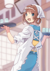 Rule 34 | 1girl, alternate costume, apron, bandana, blue kimono, blurry, braid, braided hair rings, brown hair, chougei (kancolle), commentary request, depth of field, from behind, glass, grey eyes, hair ornament, hair rings, hairclip, japanese clothes, kantai collection, kappougi, kimono, long hair, looking at viewer, looking back, mitsuyo (mituyo324), open mouth, smile, solo, tray, twin braids, waitress