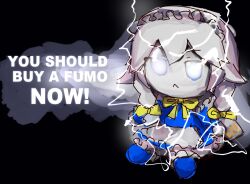 Rule 34 | artist request, black background, bow, electricity, english text, frilled skirt, frills, fumo (doll), hair bow, highres, izayoi sakuya, lightning, maid, maid headdress, maid unfiorm, meme, ribbon, sidelocks, skirt, source request, tagme, touhou, white hair, yellow bow, yellow ribbon, you should kill yourself now (meme)