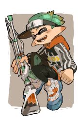 Rule 34 | 1boy, black leggings, border, commentary request, full body, grey background, gun, highres, holding, holding gun, holding weapon, hood, hoodie, inkling, inkling boy, inkling player character, leggings, male focus, nintendo, one eye closed, open mouth, outside border, pointy ears, sanyu uuu, shoes, short hair, simple background, smile, solo, splatoon (series), splatoon 3, squiffer (splatoon), teeth, tentacle hair, visor cap, weapon, white border