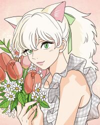 Rule 34 | 1girl, animal ears, bare shoulders, bouquet, cat ears, cat girl, cat tail, closed mouth, flower, frills, from side, green eyes, green ribbon, hair between eyes, hands up, highres, holding, holding bouquet, lily (majo no takkyuubin), lipstick, long hair, looking at viewer, majo no takkyuubin, makeup, nail polish, personification, pink lips, pink nails, plaid, plaid shirt, ponytail, red background, red flower, ribbon, rikaco1988, shirt, simple background, sleeveless, solo, tail, tulip, upper body, whiskers, white flower, white hair