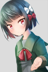 Rule 34 | 1girl, black hair, blush, bow, closed mouth, comah, commentary request, dutch angle, green jacket, grey background, hair bow, ishigaki (kancolle), jacket, kantai collection, long sleeves, looking at viewer, red bow, red eyes, short hair, simple background, sleeves past wrists, solo, upper body, white bow