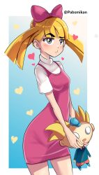 Rule 34 | 1girl, arnold shortman, blonde hair, blush, character doll, doll, female focus, heart, helga pataki, hey arnold!, highres, looking at viewer, ribbon, solo, stuffed toy