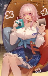 Rule 34 | 1girl, absurdres, black choker, black corset, blue jacket, blue skirt, breasts, camera, choker, collarbone, collared shirt, corset, couch, cowboy shot, cushion, earrings, egg chair, fang, flower (symbol), hands up, highres, holding, holding camera, holding photo, honkai: star rail, honkai (series), jacket, jewelry, large breasts, long sleeves, looking at viewer, march 7th (honkai: star rail), medium hair, on couch, open mouth, photo (object), pink eyes, pink hair, shibuya (kurokamishain), shirt, sidelocks, single earring, sitting, skirt, solo, tied jacket, white shirt