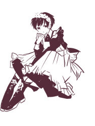 Rule 34 | 1boy, 1girl, alternate costume, apron, between legs, boots, closed mouth, collared dress, cross-laced footwear, dress, enmaided, frilled apron, frills, full body, hand between legs, hand on own chin, hand up, head rest, invisible chair, kiba nanoka, knees up, lace-up boots, long sleeves, looking at viewer, maid, maid apron, maid headdress, mao (takahashi rumiko), monochrome, petalo55, pigeon-toed, ribbon-trimmed hairband, short hair, simple background, sitting, solo
