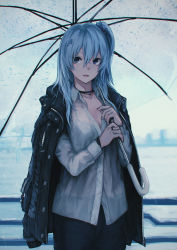 Rule 34 | 1girl, black jacket, blue eyes, blue hair, bra, bra visible through clothes, buttons, choker, collared shirt, commentary request, cowboy shot, dress shirt, hair between eyes, hair ornament, hairpin, highres, holding, holding umbrella, jacket, jewelry, long sleeves, looking at viewer, nail polish, original, outdoors, pants, rain, red nails, ring, see-through, shiroi suzume, shirt, solo, standing, transparent, transparent umbrella, umbrella, underwear, white shirt