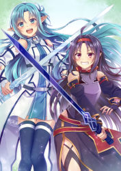 Rule 34 | 2girls, :d, ahoge, armor, asuna (sao-alo), bare shoulders, blue eyes, blue hair, blue thighhighs, blush, body armor, breastplate, breasts, commentary request, cowboy shot, detached sleeves, dress, eyebrows hidden by hair, fingerless gloves, gloves, grin, hair intakes, hairband, half updo, highres, holding, holding sword, holding weapon, inuro neko (kuro-nyan), leotard, long hair, looking at viewer, medium breasts, multiple girls, open mouth, parted bangs, pointy ears, purple gloves, purple hair, purple leotard, purple skirt, purple sleeves, rapier, red eyes, red hairband, side slit, skirt, smile, sword, sword art online, thighhighs, weapon, white dress, white sleeves, yuuki (sao), zettai ryouiki