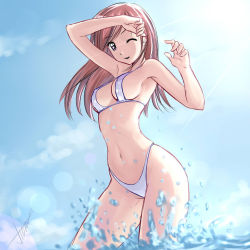 Rule 34 | 1girl, atomix, bikini, brown hair, covered erect nipples, looking at viewer, navel, purple eyes, solo, swimsuit, tagme