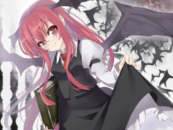 Rule 34 | 1girl, bat (animal), bat wings, bespectacled, book, clothes lift, dress, dress lift, dutch angle, embodiment of scarlet devil, female focus, glasses, head wings, highres, koakuma, kousou, long hair, pinky out, red eyes, red hair, smile, solo, touhou, wallpaper, wings