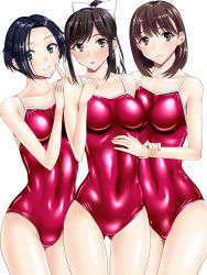 Rule 34 | 3girls, :o, anegasaki nene, bad id, bad pixiv id, black hair, blue eyes, blue hair, blush, bow, breast press, breasts, breasts apart, brown eyes, brown hair, clenched hand, closed mouth, competition school swimsuit, covered navel, cowboy shot, eyebrows, grey eyes, grin, groin, hair bow, hand on another&#039;s stomach, hand up, high ponytail, highres, holding another&#039;s wrist, impossible clothes, impossible swimsuit, kobayakawa rinko, legs together, light smile, long hair, looking at viewer, love plus, medium breasts, mole, mole under eye, multiple girls, one-piece swimsuit, open mouth, parted bangs, pink eyes, ponytail, red one-piece swimsuit, school swimsuit, sen (sansui), shiny clothes, short hair, sidelocks, simple background, skin tight, smile, standing, swimsuit, takane manaka, thigh gap, thighs, v, white background, white bow