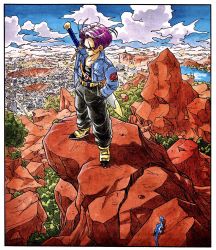 Rule 34 | 1boy, animal, bad id, bad twitter id, belt, black pants, black shirt, blue eyes, blue sky, boots, border, building, bush, capsule corp, city, cityscape, cleaned, cloud, cloudy sky, collarbone, collared jacket, commentary, crater, day, denim, denim jacket, dragon ball, dragonball z, floating hair, frown, hands in pockets, highres, horizon, jacket, lake, lizard, looking down, male focus, mountain, mountainous horizon, official art, open clothes, open jacket, outdoors, pants, purple hair, rock, serious, shaded face, shadow, shirt, sky, solo, standing, sword, toriyama akira, tree, trunks (dragon ball), trunks (future) (dragon ball), water, weapon, white border, wide shot, yellow footwear