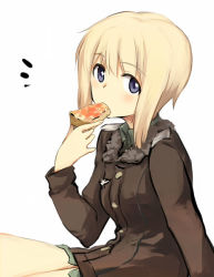 Rule 34 | 1girl, blonde hair, blue eyes, blush, eating, erica hartmann, food, jacket, military, military uniform, mouth hold, pizza, pizza slice, sandwich (artist), short hair, simple background, solo, strike witches, tsuchii (ramakifrau), uniform, world witches series