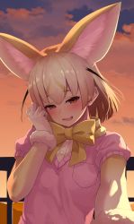Rule 34 | 1girl, :d, absurdres, animal ear fluff, animal ears, blonde hair, blush, bow, bowtie, brown eyes, cloud, commentary, deku suke, elbow gloves, extra ears, fennec (kemono friends), fox ears, gloves, hair between eyes, highres, kemono friends, looking at viewer, medium hair, open mouth, outdoors, railing, short sleeves, smile, solo, sunset, upper body, yellow bow, yellow bowtie