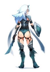 Rule 34 | 1girl, armor, armored boots, ass, ass cutout, bad id, bad pixiv id, black thighhighs, blue eyes, boots, clothing cutout, djheycha, from behind, garter belt, gauntlets, hairband, highres, horns, long hair, looking to the side, monster hunter (series), monster hunter xx, revealing clothes, shield, shoulder armor, silver hair, single horn, solo, standing, sword, thighhighs, thong, weapon