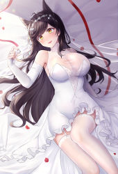 Rule 34 | 1girl, absurdres, animal ears, atago (azur lane), atago (lily-white vow) (azur lane), azur lane, bare shoulders, black hair, blush, breasts, dog ears, dress, elbow gloves, feet out of frame, fingerless gloves, frilled dress, frills, garter straps, gloves, highres, holding, holding jewelry, holding ring, jewelry, jyu-so, large breasts, long hair, lying, official alternate costume, on back, ornate ring, parted lips, petals, red ribbon, ribbon, ring, see-through, smile, solo, tears, thighhighs, veil, wedding dress, wedding ring, white dress, white gloves, white thighhighs