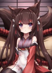 Rule 34 | 1girl, :&lt;, absurdres, amagi-chan (azur lane), animal ear fluff, animal ears, azur lane, black thighhighs, blush, breasts, brown hair, closed mouth, commentary request, covered navel, detached sleeves, fox ears, fox girl, fox tail, highres, japanese clothes, kimono, kitsune, long hair, long sleeves, looking at viewer, nagato-chan, purple eyes, purple kimono, red sleeves, short eyebrows, sitting, sleeveless, sleeveless kimono, small breasts, solo, tail, thick eyebrows, thighhighs, very long hair