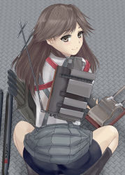Rule 34 | 10s, 1girl, arashio (kancolle), arm warmers, ass, back, backpack, bag, bike shorts, brown eyes, brown hair, cannon, cloritin, from above, highres, kantai collection, long hair, looking at viewer, looking up, machinery, pleated skirt, randoseru, school uniform, shirt, skirt, smile, smokestack, solo, suspenders, torpedo, turret