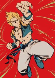 Rule 34 | 1boy, blonde hair, blue eyes, blue footwear, blue sash, character name, clenched hand, closed mouth, dragon ball, dragonball z, gcckg, gogeta, highres, looking at viewer, male focus, metamoran vest, muscular, muscular male, red background, sash, shoes, simple background, solo, super saiyan