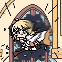 Rule 34 | 1girl, :&gt;, :d, ahoge, anisphia wynn palettia, arm support, black bow, blonde hair, blush, bow, broken glass, broken window, broom, broom riding, brown footwear, chibi, cloak, commentary request, emphasis lines, flying, full body, glass, glass shards, green eyes, hair bow, hood, hood down, hooded cloak, indoors, jitome, long sleeves, looking at viewer, lowres, motion blur, night, no nose, open mouth, short hair, smile, solo, sweat, tensei oujo to tensai reijou no mahou kakumei, triangle mouth, v-shaped eyebrows, white cloak, yakotako
