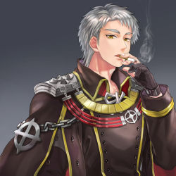 Rule 34 | 1boy, black coat, black gloves, black shirt, buttons, chain, cigarette, coat, collared coat, commentary request, double-breasted, emblem, gloves, grey background, grey hair, long sleeves, looking at viewer, male focus, misuguu, open mouth, partially fingerless gloves, ragnarok online, rebellion (ragnarok online), shirt, short hair, smoking, solo, upper body, yellow eyes