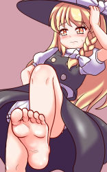 Rule 34 | 1girl, akabashi yuusuke, bare legs, barefoot, black skirt, blonde hair, bloomers, blush, braid, clothes lift, feet, foot focus, frown, hair ribbon, hand on own hip, hat, highres, holding, holding clothes, holding hat, kirisame marisa, long hair, looking away, pink background, pov, puffy short sleeves, puffy sleeves, ribbon, short sleeves, simple background, single braid, skirt, skirt lift, skirt set, soles, solo, toes, touhou, tress ribbon, underwear, upskirt, vest, witch hat, yellow eyes
