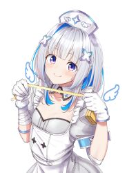 Rule 34 | 1girl, absurdres, amane kanata, amane kanata (nurse), angel wings, bandaged arm, bandages, blue eyes, blue hair, blunt bangs, blush, closed mouth, colored inner hair, detached collar, drawn wings, dress, flat chest, frills, gloves, gradient eyes, grey hair, hat, highres, holding, hololive, looking at viewer, multicolored eyes, multicolored hair, nurse, nurse cap, pink hair, puffy short sleeves, puffy sleeves, purple eyes, shinomu (cinomoon), short hair, short sleeves, sidelocks, simple background, single hair intake, smile, solo, tape measure, virtual youtuber, white background, white dress, white gloves, wings