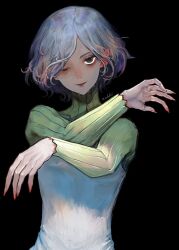 Rule 34 | 1boy, bags under eyes, black background, black eyes, blood, blood on hands, dungeon meshi, elf, fingernails, gorget, green shirt, grey hair, highres, long fingernails, long sleeves, looking at viewer, male focus, mithrun, notched ear, one eye closed, pointy ears, shirt, short hair, smile, solo, tunic, waterstaring