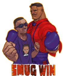 Rule 34 | 2boys, alternate color, bow, bowtie, boxing gloves, dark-skinned male, dark skin, dudley, facial hair, highres, lanyard, md5 mismatch, multiple boys, mustache, real life, resolution mismatch, riley freeman, smug (gamer), source larger, street fighter, sunglasses, the boondocks