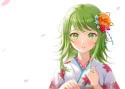 Rule 34 | 1girl, absurdres, blush, earrings, falling petals, green eyes, green hair, gumi, hair ornament, hand on own chest, highres, japanese clothes, jewelry, kanzashi, kimono, long hair, looking at viewer, parted lips, petals, roncle (roncle1), solo, straight-on, upper body, vocaloid