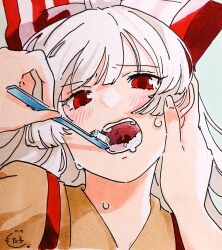 Rule 34 | 1boy, 1girl, blunt bangs, blush, bow, brushing another&#039;s teeth, commentary request, fujiwara no mokou, hair bow, hand on another&#039;s face, holding, holding toothbrush, looking at viewer, mokoiscat, open mouth, pov, pov hands, red eyes, shirt, suspenders, sweat, teeth, toothbrush, touhou, upper body, uvula, white hair