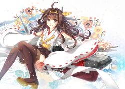 Rule 34 | 10s, 1girl, ahoge, brown hair, ceru, flower, hairband, japanese clothes, kantai collection, kongou (kancolle), long hair, machinery, nontraditional miko, open mouth, skirt, smile, solo, turret