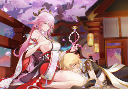 Rule 34 | 1boy, 1girl, absurdres, aether (genshin impact), artist request, bare shoulders, blonde hair, breasts, building, cherry blossoms, detached sleeves, closed eyes, genshin impact, gloves, hair ornament, hetero, highres, holding, holding staff, japanese clothes, lantern, lap pillow, large breasts, long hair, long sleeves, lying, miko, pants, pink hair, purple eyes, scarf, scenery, seiza, sideboob, sitting, sky, sleeping, sleeveless, staff, thighs, wide sleeves, yae miko
