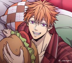 Rule 34 | 1boy, adam&#039;s apple, artist name, bed, beelzebub (shall we date?: obey me!), burger, collarbone, eyebrows, fang, fangs, fingernails, food, hair between eyes, lettuce, long sleeves, looking at viewer, male focus, nail polish, nanoyaro, hugging object, open mouth, orange hair, orange nails, pale skin, pillow, pillow hug, purple eyes, red robe, red shirt, robe, shall we date?: obey me!, sharp teeth, shirt, short hair, sitting, sitting up, sleeves past elbows, smile, solo, solo focus, teeth, tomato, tongue, watermark