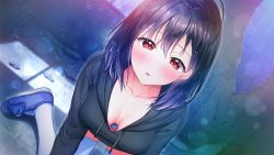 Rule 34 | 1girl, all fours, asagao wa ai o shiranai., black hair, black sweater, blue footwear, blurry, blurry background, blush, bra, bra peek, breasts, cleavage, collarbone, downblouse, dutch angle, game cg, hair between eyes, highres, hiiro asagao, hood, hood down, hooded sweater, indoors, long hair, long sleeves, looking at viewer, maumen, medium breasts, open mouth, red eyes, solo, straight hair, sweater, thighhighs, underwear, white thighhighs