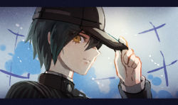 1boy bad_id bad_pixiv_id black_hair black_hat black_jacket blue_background brown_eyes closed_mouth commentary_request danganronpa_(series) danganronpa_v3:_killing_harmony expressionless hand_on_headwear hand_up hat jacket letterboxed long_sleeves male_focus mentai_shijimi portrait profile saihara_shuichi short_hair solo striped_clothes striped_jacket upper_body