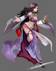 Rule 34 | 1girl, bangle, black hair, bracelet, breasts, brown eyes, choker, cleavage, detached sleeves, flower, frostce, hair flower, hair ornament, jewelry, leaning forward, leg ribbon, leg up, lips, long hair, looking at viewer, midriff, navel, necklace, ribbon, signature, simple background, solo, swept bangs, thigh ribbon
