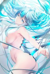 Rule 34 | 1girl, aqua hair, artist request, ass, blue eyes, blue hair, blush, breasts, cable, cyborg, eureka iris, floating hair, from side, hair over breasts, head tilt, highres, kagachi saku, large breasts, liver city, long hair, looking at viewer, multicolored hair, nude, parted lips, sidelocks, solo, streaked hair, two-tone hair, very long hair, virtual youtuber
