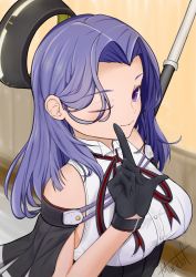 Rule 34 | 1girl, black capelet, black gloves, blurry, capelet, commentary request, depth of field, gloves, halo, highres, index finger raised, kantai collection, looking at viewer, maretol, mechanical halo, pole, purple eyes, purple hair, short hair, sleeveless, smile, solo, tatsuta (kancolle), tatsuta kai ni (kancolle), upper body