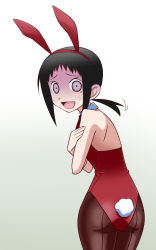 Rule 34 | 00s, 1girl, animal ears, ass, black hair, covering privates, covering chest, embarrassed, fake animal ears, fake tail, from behind, goriate, gradient background, hairband, highres, hip focus, kaga ai, legs together, leotard, looking back, mole, mole under eye, open mouth, pantyhose, playboy bunny, ponytail, purple eyes, rabbit ears, rabbit tail, sayonara zetsubou sensei, sidelocks, smile, solo, tail