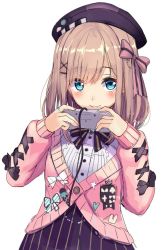 Rule 34 | 1girl, :3, akasaai, blue eyes, blue nails, blush, bow, brown hair, cardigan, closed mouth, controller, game controller, hair between eyes, hair bow, hair ornament, hairclip, holding, holding controller, jewelry, long sleeves, looking at viewer, medium hair, multicolored nails, nail polish, nijisanji, pink cardigan, pink nails, purple headwear, purple skirt, ring, shirt, simple background, sketch, skirt, solo, striped clothes, striped skirt, super famicom gamepad, suzuhara lulu, suzuhara lulu (1st costume), vertical-striped clothes, vertical-striped skirt, virtual youtuber, white background, white shirt