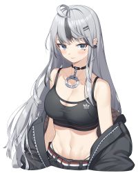 Rule 34 | 1girl, ahoge, bare shoulders, belt, black choker, black jacket, black shirt, blue eyes, breasts, choker, cleavage, collarbone, commentary, crop top, cropped torso, dated commentary, earrings, grey hair, hair ornament, hairclip, highleg, highres, hop3, jacket, jewelry, large breasts, long hair, long sleeves, looking at viewer, midriff, mole, mole under eye, multicolored hair, navel, off shoulder, open clothes, open jacket, original, shirt, simple background, sleeveless, sleeveless shirt, solo, stomach, streaked hair, white background