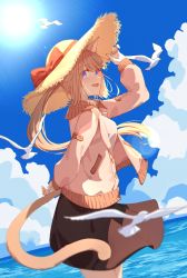 Rule 34 | 1girl, 2022, absurdres, animal ears, arm behind back, arm up, black skirt, blonde hair, blue eyes, blue sky, cloud, cloudy sky, final fantasy, final fantasy xiv, hat, highres, holding, holding clothes, holding hat, jacket, jl tan, looking at viewer, miqo&#039;te, open mouth, original, ponytail, skirt, sky, smile, solo, standing, sun, sun hat, tail, warrior of light (ff14)
