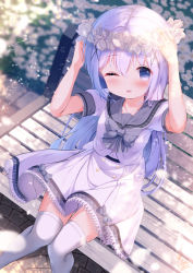 Rule 34 | 1girl, ;d, arms up, blue eyes, blue hair, blurry, blurry background, blush, chinomaron, commentary request, day, depth of field, dress, feet out of frame, flower, flower wreath, gochuumon wa usagi desu ka?, grey sailor collar, hair between eyes, hair ornament, head wreath, highres, jacket, kafuu chino, long hair, looking at viewer, on bench, one eye closed, open mouth, outdoors, petals, sailor collar, sailor dress, short sleeves, sitting, smile, solo, thighhighs, very long hair, white dress, white flower, white jacket, white thighhighs, x hair ornament