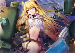 +_+ 1girl absurdres ash_arms bad_id bad_pixiv_id blonde_hair blue_eyes breasts brown_jacket cleavage commentary_request crop_top crop_top_overhang cropped_jacket dog_tags fingerless_gloves floating_hair gloves headphones highres hood hood_down huge_filesize ion_(on01e) jacket large_breasts long_hair m26_pershing_(ash_arms) machinery midriff miniskirt navel open_clothes open_jacket pencil_skirt revision shirt skirt smile solo stomach turret very_long_hair white_shirt