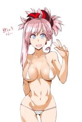 Rule 34 | 1girl, :d, bikini, blue eyes, breasts, cosaten, earrings, fate/grand order, fate (series), jewelry, large breasts, looking at viewer, miyamoto musashi (fate), navel, open mouth, pink hair, smile, solo, swimsuit, translation request, v, white bikini