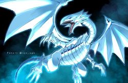 Rule 34 | artist name, blue-eyes white dragon, blue eyes, claws, commentary request, dragon, glowing, looking to the side, no humans, open mouth, sharp teeth, solo, soya (sys ygo), teeth, tongue, watermark, yu-gi-oh!
