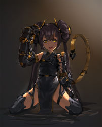 Rule 34 | 1girl, absurdres, alcoholism (kitana-chan), bad id, bad pixiv id, black hair, breasts, cable, cable tail, chinese clothes, demon tail, hair between eyes, hair ornament, hand up, highres, looking at viewer, mecha musume, mechanical arms, mechanical legs, mechanical parts, mechanical tail, open mouth, original, simple background, sitting, small breasts, smile, solo, strap, tail, yellow eyes