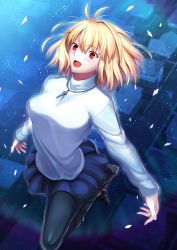 Rule 34 | 1girl, antenna hair, arcueid brunestud, black footwear, black pantyhose, black skirt, blonde hair, blush, boots, breasts, building, chain, chain necklace, commentary request, fingernails, hair between eyes, hair intakes, harukey, highres, house, jewelry, jumping, large breasts, leg up, long sleeves, miniskirt, necklace, night, open mouth, outdoors, pantyhose, red eyes, short hair, skirt, solo, sweater, tongue, tsukihime, tsukihime (remake), turtleneck, turtleneck sweater, white sweater